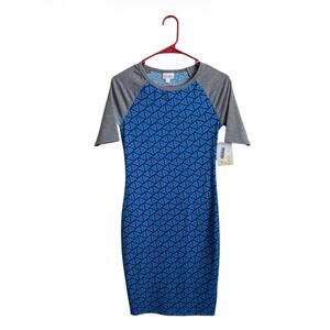 NWT Lularoe Blue Geometric Print w/ Gray Raglan Sleeves XXS Julia Pencil Dress